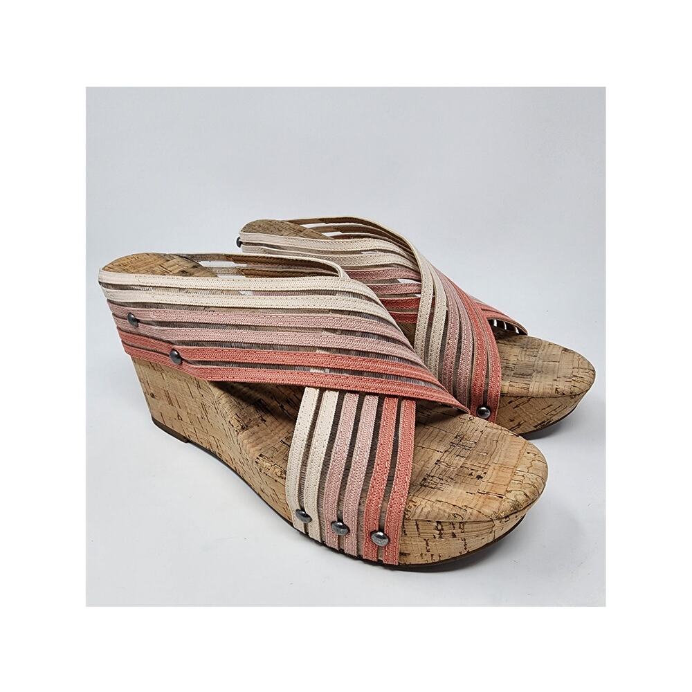 Lucky Brand MyKayla Wedge Sandals Women 7.5M Pink Canyon Clay Ombre Stripe Cork